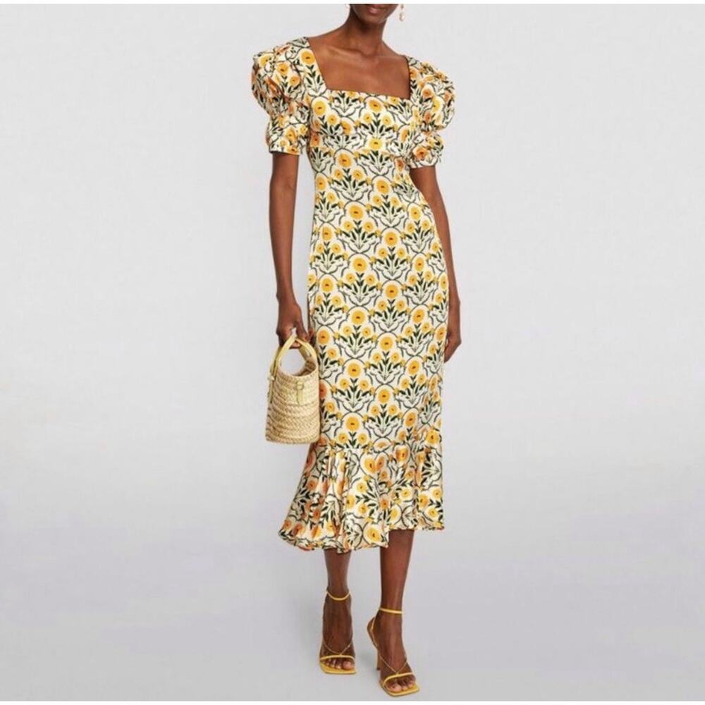 Agua by Agua Bendita Mango Mimosa Midi Dress S Silk White Yellow Floral Rare - Picture 14 of 16